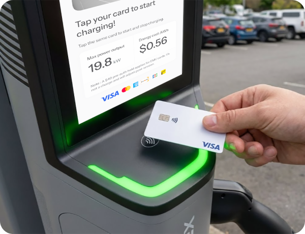 Customer making unattended payment at an EV charging station terminal powered by Paynex