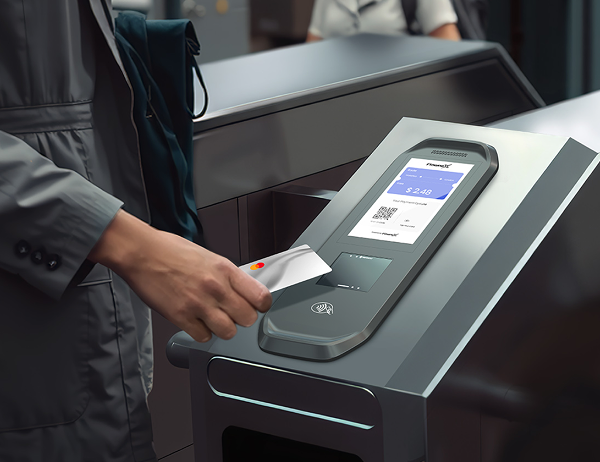 Passenger tapping contactless card at a transit fare terminal powered by Paynex
