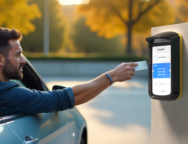 Driver paying at a Paynex-powered unattended parking kiosk